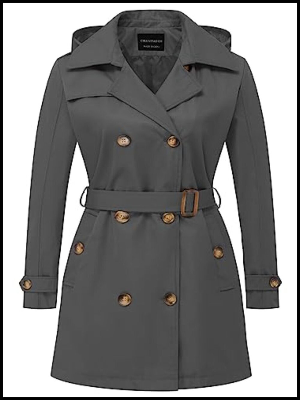 Plus Size Trench Coat Double-Breasted Belted Detachable Hood